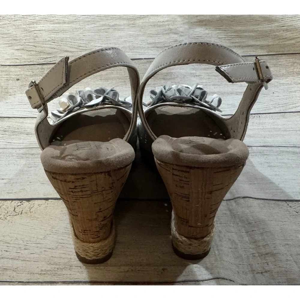 Hotter Hattie Peeptoe White Floral Cork Wedge Slingback Sandals Sz 7 US 38 EUR